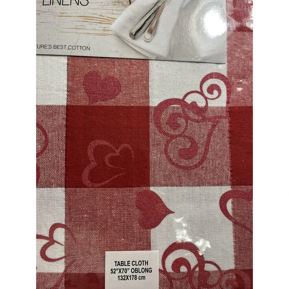 Cottage Classic Linens Red White Plaid Hearts Tablecloth 52”x70” Oblong